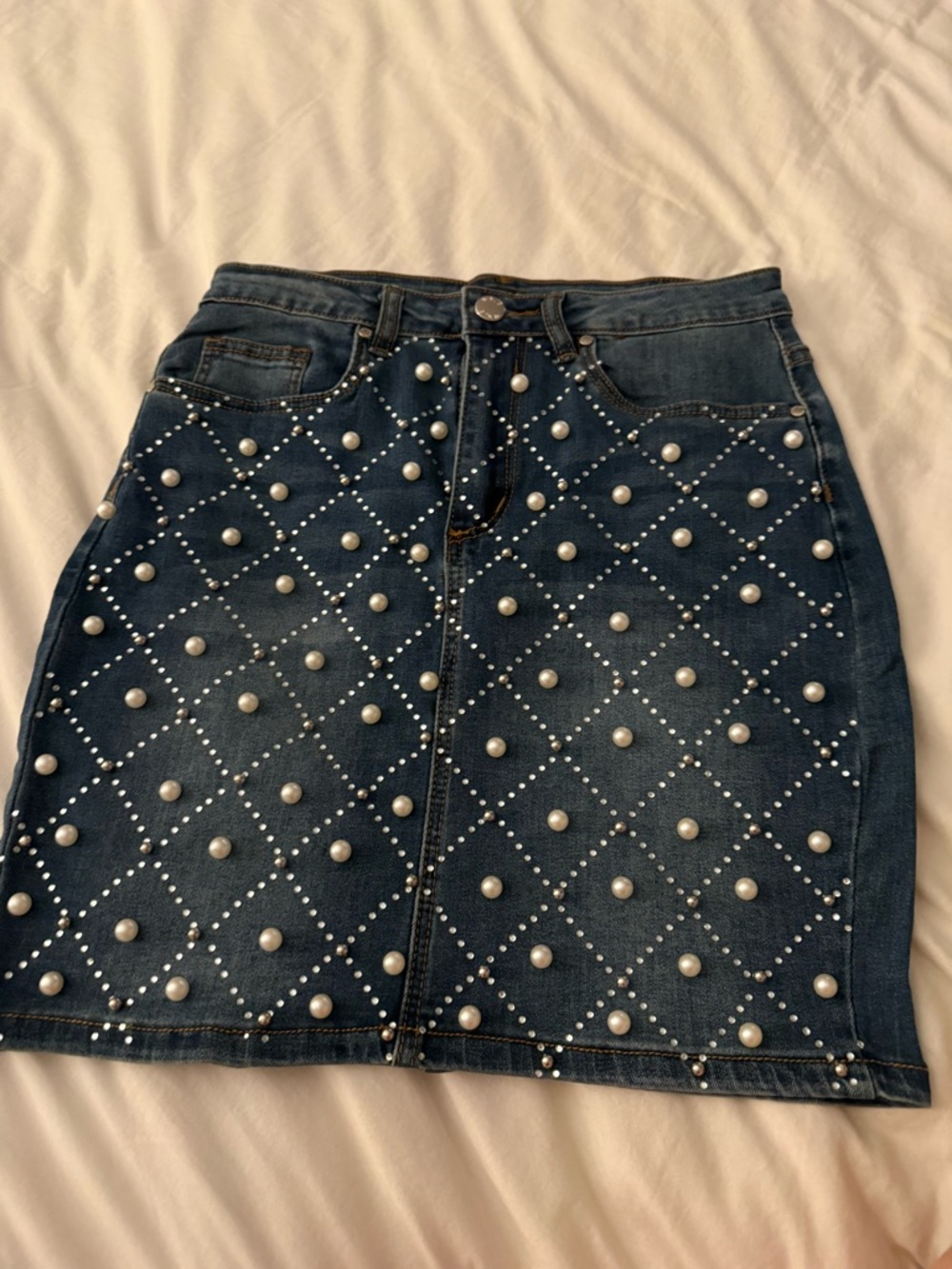 Venus Dark Blue Denim Pearl-Embellished Mini Skirt